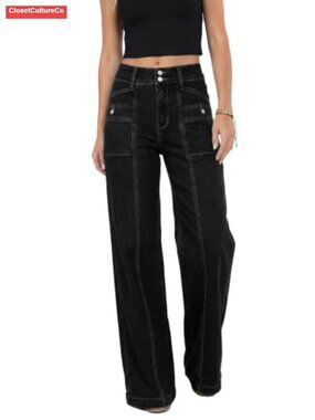 Women's Wide Leg High Waisted Jeans Double Button Stretchy Straight Leg Denim